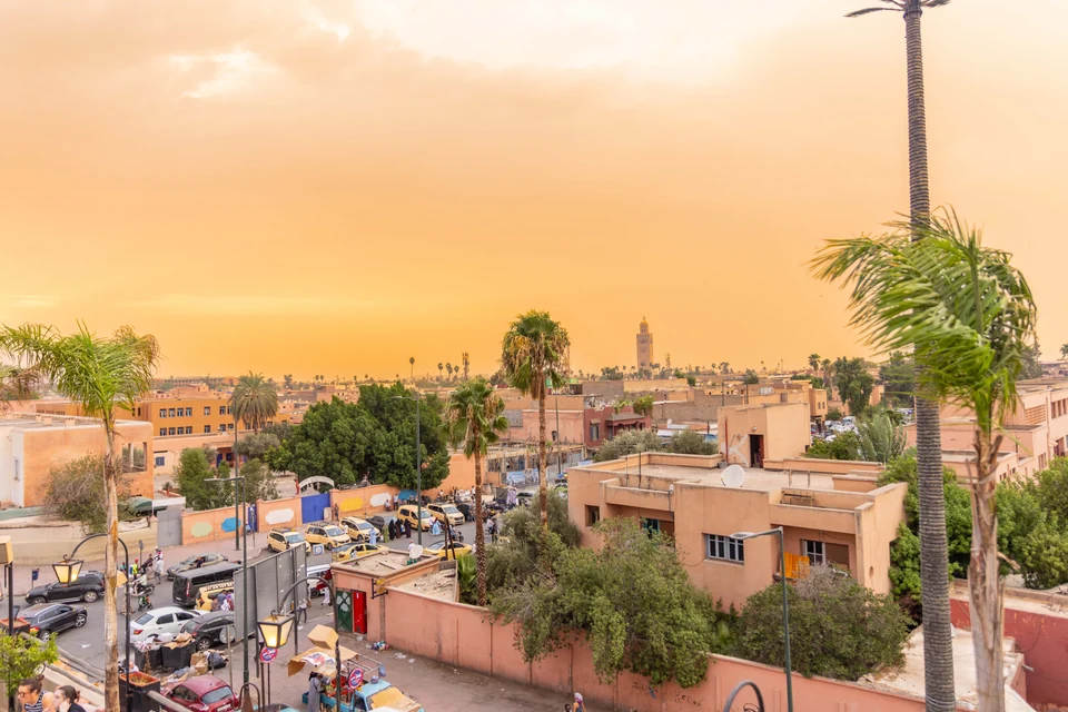 View across Marrakech rooftops and palm trees towards the Koutoubia at sunset